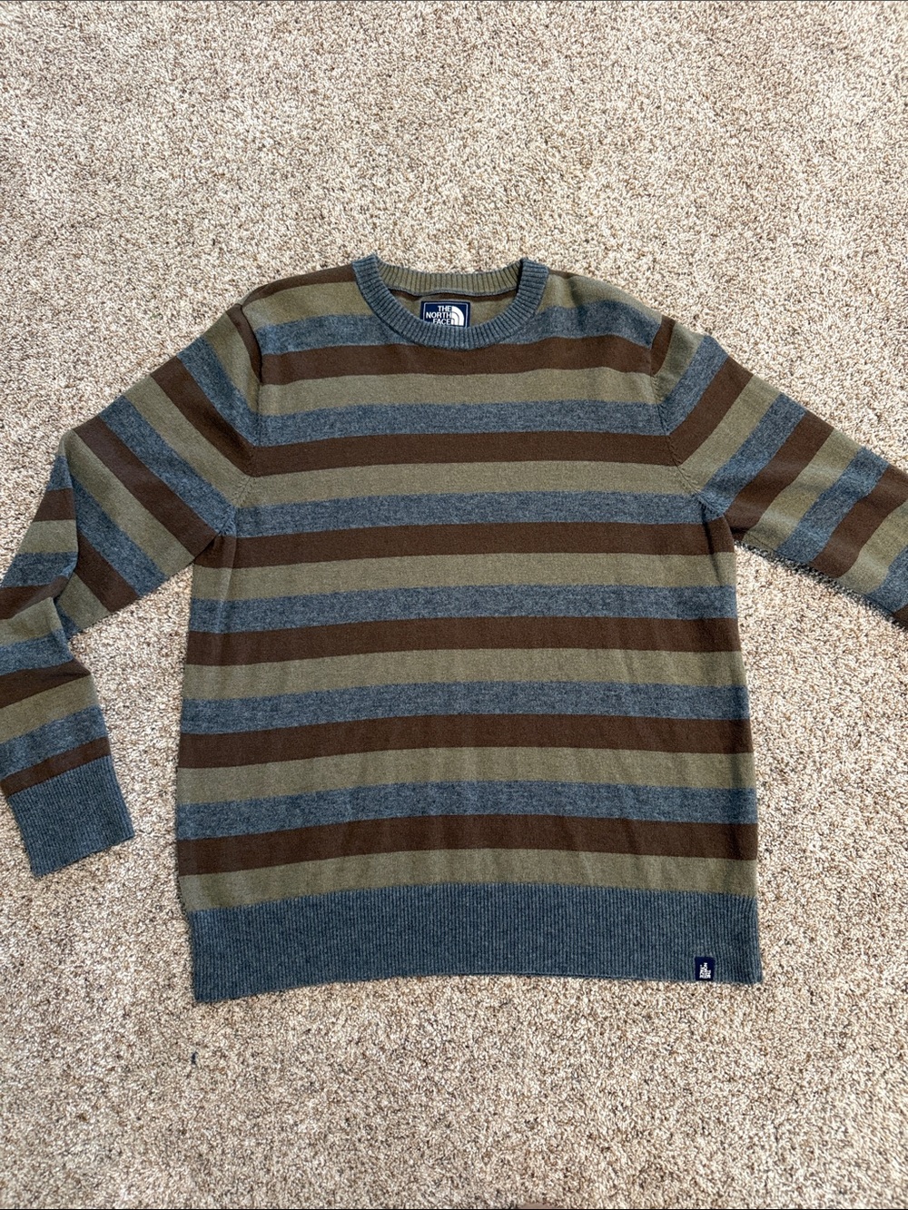 The North Face Men’s Striped Crewneck Sweater - Olive, Gray, Brown SIZE LARGE